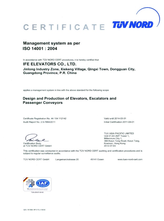 IFE Commercial Elevator ISO Certificates