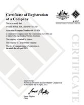 COZIE Home Solution Pty Ltd Registration Certificate