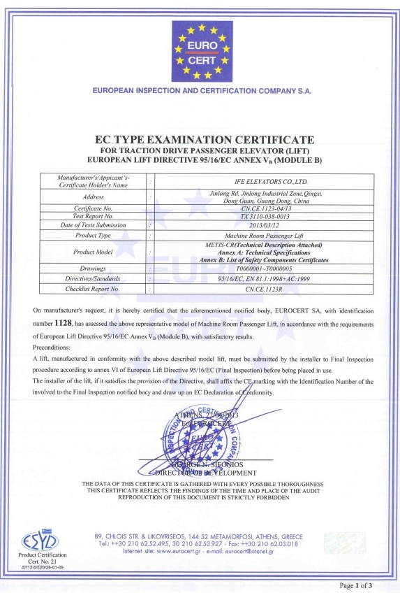 IFE Elevator and Escalator CE Certificate